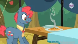 Size: 498x281 | Tagged: safe, derpibooru import, screencap, apple split, earth pony, pony, apple family reunion, apple family member, apple fritter (food), background pony, food, male, solo, stallion