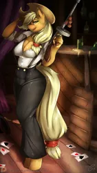 Size: 2626x4669 | Tagged: suggestive, artist:tatara94, derpibooru import, applejack, anthro, earth pony, unguligrade anthro, alcohol, applejack's hat, big breasts, breasts, busty applejack, card, cleavage, clothes, commission, cowboy hat, female, freckles, gangster, gun, hair over one eye, hat, image, looking at you, pants, png, pose, smiling, solo, solo female, stetson, tommy gun, weapon