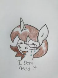 Size: 420x560 | Tagged: safe, artist:paper view of butts, derpibooru import, oc, oc:paper butt, pony, unicorn, colored, dialogue, glasses, horn, i don't need it, spongebob squarepants, sweat, tea at the treedome, tongue out, traditional art