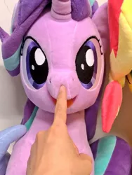 Size: 768x1024 | Tagged: safe, artist:nekokevin, derpibooru import, starlight glimmer, sunset shimmer, human, pony, unicorn, series:nekokevin's glimmy, boop, cute, female, glimmerbetes, hand, irl, irl human, looking at you, mare, offscreen character, open mouth, photo, plushie, sitting, smiling, solo