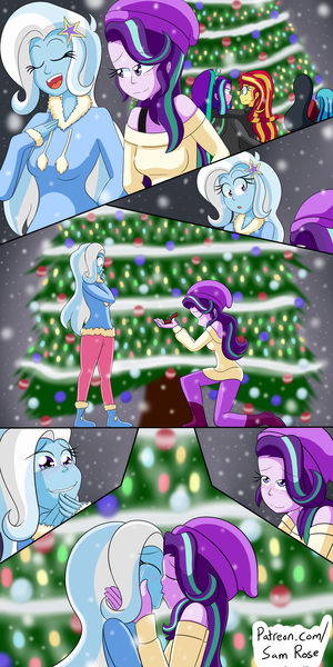 Size: 1000x2000 | Tagged: safe, artist:jake heritagu, derpibooru import, aria blaze, chancellor neighsay, sonata dusk, starlight glimmer, sunset shimmer, trixie, comic:aria's archives, equestria girls, christmas, christmas lights, christmas tree, clothes, comic, female, holiday, jewelry, lesbian, marriage proposal, ring, shipping, snow, startrix, sunblaze, tree, wedding ring