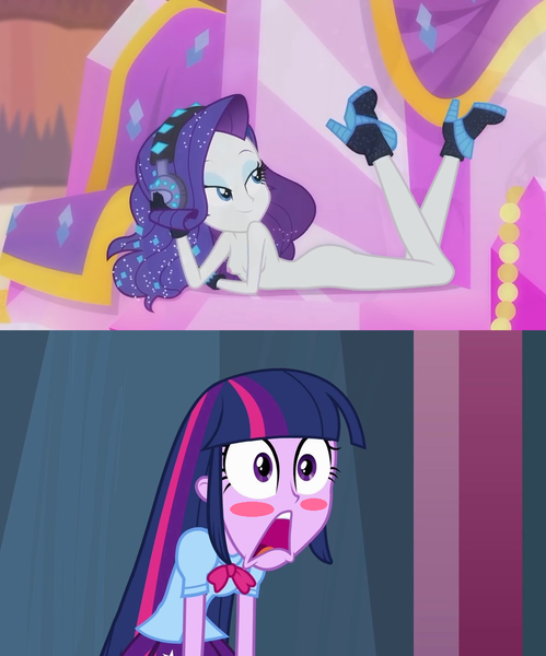 Size: 964x1160 | Tagged: questionable, derpibooru import, edit, edited screencap, editor:marno, screencap, rarity, twilight sparkle, equestria girls, equestria girls (movie), equestria girls series, the other side, adorasexy, ankle boots, ass, bedroom eyes, blush sticker, blushing, breasts, butt, clothes, cute, female, gloves, headphones, high heels, implied lesbian, implied rarilight, implied shipping, lesbian, looking back, nipples, nude edit, nudity, rarilight, reaction, rearity, sexy, shipping, shoes, shoes only, solo, solo female