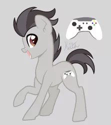 Size: 800x900 | Tagged: safe, artist:lullabyprince, artist:palerose522, derpibooru import, oc, oc:keith (ice1517), unofficial characters only, earth pony, pony, icey-verse, gray background, magical gay spawn, male, next generation, offspring, open mouth, parent:button mash, parent:rumble, parents:rumblemash, raised hoof, simple background, solo, stallion