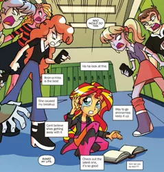 Size: 977x1024 | Tagged: safe, derpibooru import, idw, captain planet, cloudy kicks, indigo wreath, sunflower (character), sunset shimmer, teddy t. touchdown, equestria girls, spoiler:comic, abuse, apple bloom is a duck, bully, bullying, crying, offscreen character, sad, shimmerbuse, sunsad shimmer, this will end in school shooting