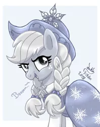 Size: 1130x1430 | Tagged: safe, artist:joakaha, derpibooru import, applejack, spirit of hearth's warming past, earth pony, ghost, pony, undead, a hearth's warming tail, alternate hairstyle, braid, clothes, dress, female, hat, open mouth, signature, simple background, white background