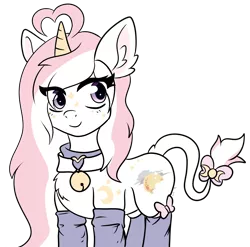 Size: 3000x2966 | Tagged: safe, artist:darrenfeline, artist:pastel-pony-princess, derpibooru import, oc, oc:moon sugar (pastelponyprincess), unofficial characters only, pony, unicorn, bow, chest fluff, clothes, curved horn, ear fluff, female, horn, leonine tail, mare, simple background, smiling, socks, solo, standing, tail bow, transparent background