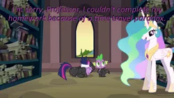 Size: 640x360 | Tagged: book, canterlot archives, canterlot library, caption, cards against humanity, derpibooru import, edit, edited screencap, image macro, it's about time, princess celestia, purple text, safe, screencap, scroll, spike, text, trio, twilight sparkle