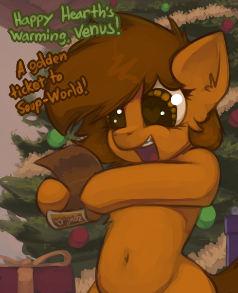 Size: 1111x1364 | Tagged: safe, artist:marsminer, derpibooru import, oc, oc:venus spring, unofficial characters only, pony, braces, christmas, christmas tree, dialogue, gift wrapped, heart eyes, hearth's warming, holiday, present, solo, tree, venus spring actually having a pretty good time, wingding eyes