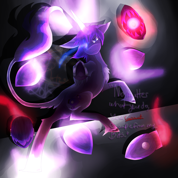 Size: 5800x5800 | Tagged: safe, artist:florarena-kitasatina/dragonborne fox, derpibooru import, ponified, pony, a bajillion light sources, absurd resolution, angry, augmented, bits (weapon), conjuring, crossover, dialogue, glowing eyes, glowing eyes of doom, horseshoes, ice cold eyes, imminent lasers of death, imminent spam, leonine tail, magic surge, nanako (suguri), now you fucked up, pointing at you, shadow, signature, simple background, small mare, the fourth wall cannot save you, watermark