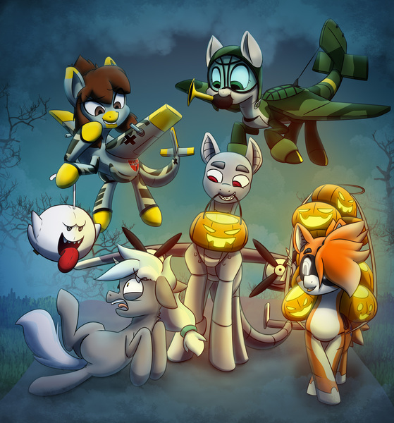 Size: 2793x3000 | Tagged: safe, artist:ikarooz, derpibooru import, oc, oc:dawnshine, oc:dorn, oc:julia, oc:jägerin, oc:kiva, original species, plane pony, pony, robot, robot pony, unicorn, group, halloween, holiday, horn, jack-o-lantern, plane, pumpkin, scared