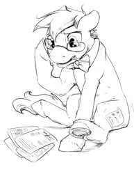 Size: 2550x3300 | Tagged: safe, artist:silfoe, derpibooru import, oc, earth pony, pony, frog (hoof), glasses, lineart, monochrome, paper, pencil, solo, underhoof