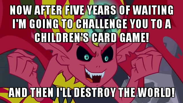 Size: 640x360 | Tagged: safe, derpibooru import, edit, edited screencap, screencap, sunset shimmer, fanfic, equestria girls, equestria girls (movie), anubis, caption, children's card game, image macro, meme, sunset satan, text, yu-gi-oh!, yugioh abridged