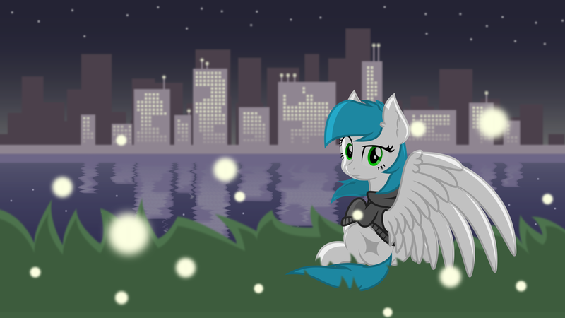 Size: 6803x3827 | Tagged: artist:zylgchs, city, cityscape, clothes, derpibooru import, dreamworks face, firefly (insect), grass, hoodie, insect, looking at you, looking back, looking back at you, night, oc, oc:cynosura, reflection, safe, sitting, solo, spread wings, unofficial characters only, vector, wallpaper, water, windswept mane, wings