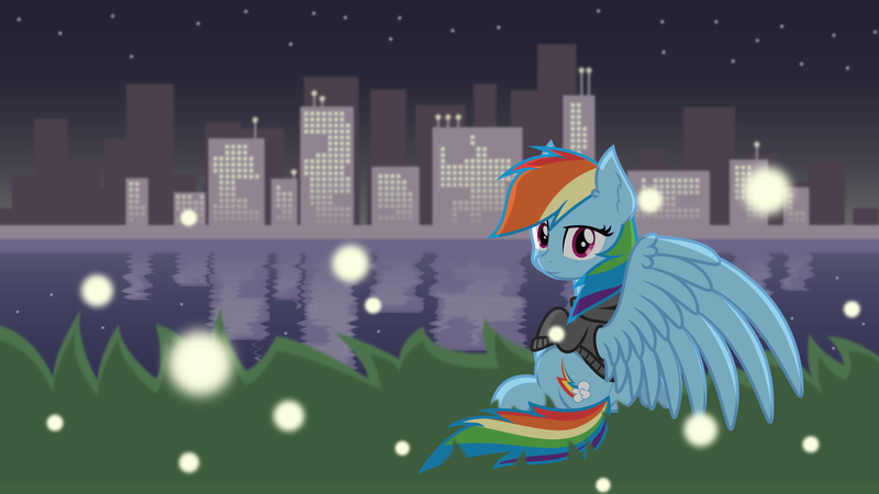Size: 6803x3827 | Tagged: alternate version, artist:zylgchs, city, cityscape, clothes, derpibooru import, dreamworks face, firefly (insect), grass, hoodie, insect, looking at you, looking back, looking back at you, night, rainbow dash, reflection, safe, sitting, solo, spread wings, vector, wallpaper, water, windswept mane, wings