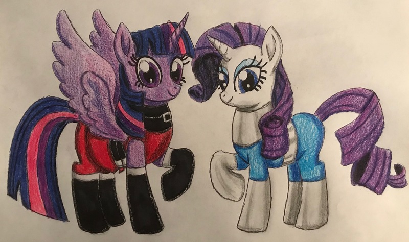 Size: 3504x2074 | Tagged: safe, artist:bozzerkazooers, derpibooru import, rarity, twilight sparkle, twilight sparkle (alicorn), alicorn, pony, clothes, cosplay, costume, traditional art