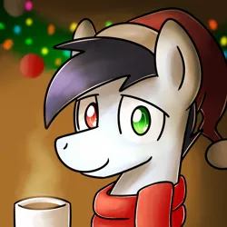 Size: 1024x1024 | Tagged: safe, artist:sugar morning, derpibooru import, oc, oc:slipstream, unofficial characters only, pony, bust, chocolate, christmas, clothes, cute, decoration, drink, food, happy hearth's warming, hat, hearth's warming, hearth's warming eve, heterochromia, holiday, hot chocolate, hot coco, male, merry christmas, mug, portrait, santa hat, scarf, smiling, solo, stallion, sweet, warm