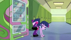 Size: 1920x1080 | Tagged: safe, derpibooru import, screencap, twilight sparkle, twilight sparkle (alicorn), alicorn, equestria girls, equestria girls (movie), butt, canterlot high, clothes, hallway, humans doing horse things, leg warmers, lockers, not an edit, schrödinger's pantsu, shoes, sideass, skirt, twibutt, upskirt, vending machine