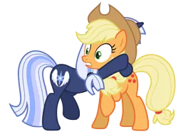 Size: 8496x6411 | Tagged: safe, artist:estories, derpibooru import, applejack, oc, oc:silverlay, unofficial characters only, earth pony, pony, unicorn, absurd resolution, applejack's hat, clothes, cowboy hat, female, freckles, hat, hug, lesbian, mare, raised hoof, simple background, transparent background, vector