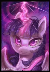 Size: 800x1132 | Tagged: safe, artist:konnyart, derpibooru import, twilight sparkle, twilight sparkle (alicorn), alicorn, pony, abstract background, bust, female, glowing horn, horn, magic, mare, solo