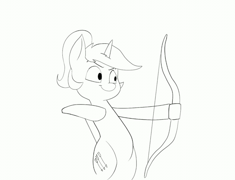 Size: 900x692 | Tagged: safe, artist:anontheanon, derpibooru import, oc, oc:fancy fletch, unofficial characters only, pony, animated, arrow, bipedal, black and white, bow (weapon), bow and arrow, dexterous hooves, flexible, gif, grayscale, monochrome, weapon
