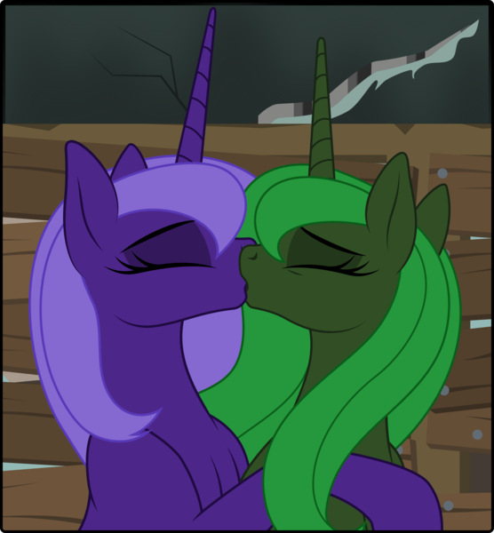 Size: 1818x1963 | Tagged: safe, artist:grypher, derpibooru import, oc, oc:evening "eve" canter, oc:violet gale, unofficial characters only, alicorn, pony, fallout equestria, fanfic, artificial alicorn, eyes closed, fanfic art, female, green alicorn (fo:e), horn, kissing, lesbian, mare, oc x oc, purple alicorn (fo:e), shipping, vector, wip