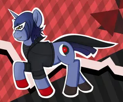 Size: 722x599 | Tagged: safe, artist:lirodon, derpibooru import, oc, oc:obscurus noctis, unofficial characters only, pony, unicorn, clothes, cosplay, costume, domino mask, joker (persona), persona, persona 5, solo, trotmania