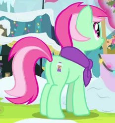 Size: 444x478 | Tagged: safe, derpibooru import, screencap, minty bubblegum, pony, unicorn, best gift ever, background pony, butt, clothes, cropped, female, hearth's warming, mare, plot, scarf, snow, solo