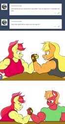 Size: 1280x2418 | Tagged: safe, artist:matchstickman, derpibooru import, apple bloom, applejack, big macintosh, anthro, earth pony, tumblr:where the apple blossoms, apple bloom's bow, apple brawn, applejacked, apple siblings, apple sisters, arm wrestling, biceps, bow, breasts, brother and sister, busty apple bloom, busty applejack, clothes, deltoids, female, fingerless gloves, gloves, great macintosh, grin, hair bow, image, male, matchstickman's apple brawn series, muscles, older, older apple bloom, pecs, png, shirt, siblings, simple background, sisters, smiling, snorting, triceps, trio, tumblr comic, white background