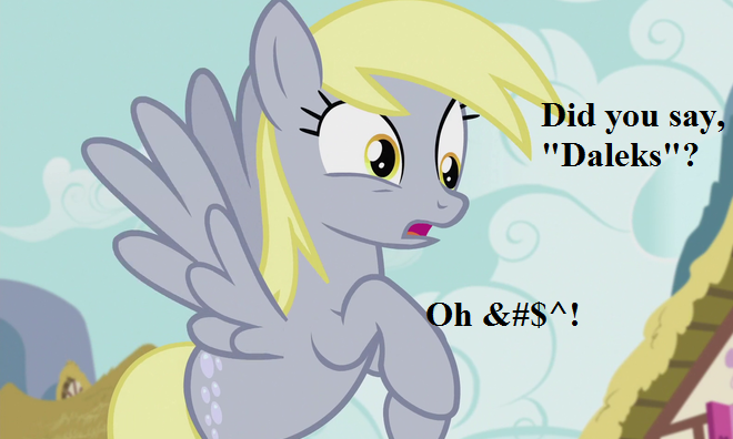 Size: 660x396 | Tagged: safe, derpibooru import, edit, edited screencap, screencap, derpy hooves, pegasus, pony, slice of life (episode), caption, censored vulgarity, cropped, dialogue, doctor who, female, grawlixes, implied dalek, mare