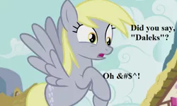 Size: 660x396 | Tagged: safe, derpibooru import, edit, edited screencap, screencap, derpy hooves, pegasus, pony, slice of life (episode), caption, censored vulgarity, cropped, dialogue, doctor who, female, grawlixes, implied dalek, mare