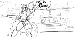 Size: 1280x640 | Tagged: safe, artist:thedrunkcoyote, derpibooru import, oc, oc:amber steel, unofficial characters only, anthro, unicorn, arnold schwarzenegger, gun, helicopter, horn, lineart, meta, predator (franchise), tumblr, tumblr 2018 nsfw purge, twitter, unicorn oc, weapon