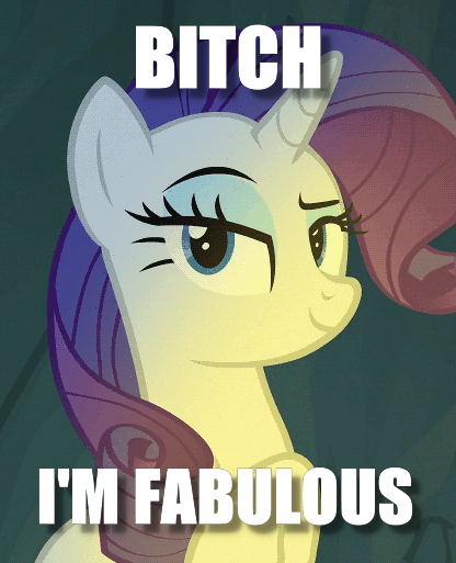 Size: 416x513 | Tagged: safe, derpibooru import, screencap, rarity, pony, bitch i'm fabulous, caption, image macro, impact font, looking at you, meme, raised eyebrow, text, vulgar