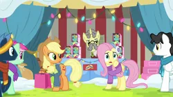 Size: 1280x720 | Tagged: safe, derpibooru import, screencap, applejack, flim, fluttershy, holly the hearths warmer doll, mercury, minty bubblegum, star hunter, starry eyes (character), earth pony, pegasus, pony, unicorn, best gift ever, christmas, christmas lights, female, holiday, male, mare, stallion