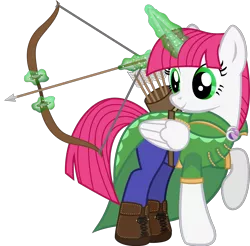 Size: 2265x2229 | Tagged: safe, artist:andrevus, derpibooru import, oc, unofficial characters only, alicorn, pony, alicorn oc, archer, boots, bow (weapon), cape, clothes, horn, pants, quiver, shoes, simple background, solo, transparent background, vest, wings