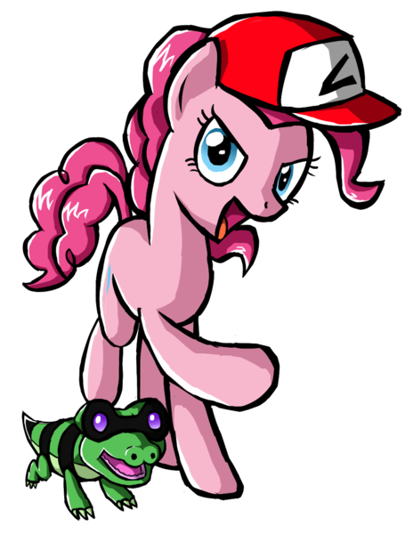 Size: 919x1189 | Tagged: safe, artist:habijob, derpibooru import, gummy, pinkie pie, pony, sandile, ash ketchum, female, first stage pokémon, ground type pokémon, hat, mare, pokefied, pokémon, pokémon (anime), pokémon black and white, pokémon trainer, unova pokémon