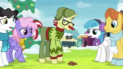 Size: 1280x720 | Tagged: safe, derpibooru import, screencap, flam, lightning bolt, mercury, rainbowshine, starry eyes (character), warm front, white lightning, pony, best gift ever, fake moustache