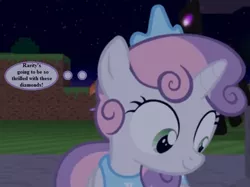 Size: 730x546 | Tagged: safe, artist:jan, derpibooru import, sweetie belle, ponified, enderman, enderpony, pony, unicorn, don't mine at night, cropped, endermane, implied rarity, jewelry, minecraft, oblivious sweetie belle, text, thought bubble, tiara