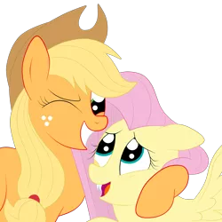 Size: 3000x3000 | Tagged: safe, artist:squipycheetah, derpibooru import, part of a set, applejack, fluttershy, bat pony, earth pony, pegasus, pony, alternate color palette, applejack's hat, appleshy, bat ponified, cowboy hat, cute, fangs, female, flutterbat, freckles, hat, hug, lesbian, looking down, looking up, mare, one eye closed, open mouth, race swap, raised hoof, shipping, simple background, smiling, spread wings, stetson, transparent background, wings, wink