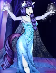 Size: 2550x3300 | Tagged: safe, artist:theecchiqueen, deleted from derpibooru, derpibooru import, rarity, anthro, unicorn, alternate hairstyle, armpits, breasts, clothes, crossover, disney, elsa, female, frozen (movie), image, looking at you, png, queen elsarity, smiling, solo