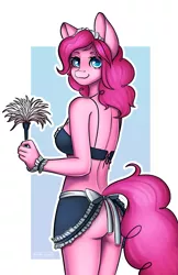 Size: 1209x1863 | Tagged: suggestive, artist:krisss apple, derpibooru import, pinkie pie, anthro, earth pony, ass, back, breasts, busty pinkie pie, butt, clothes, commission, cuffs (clothes), female, image, looking at you, maid, png, smiling, solo, solo female, ych result