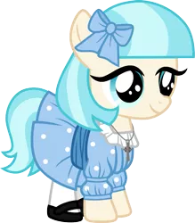 Size: 1053x1200 | Tagged: safe, artist:cloudyglow, derpibooru import, coco pommel, earth pony, pony, american girls, clothes, cocobetes, cute, dress, female, filly, nellie o'malley, simple background, smiling, solo, standing, three quarter view, transparent background, younger