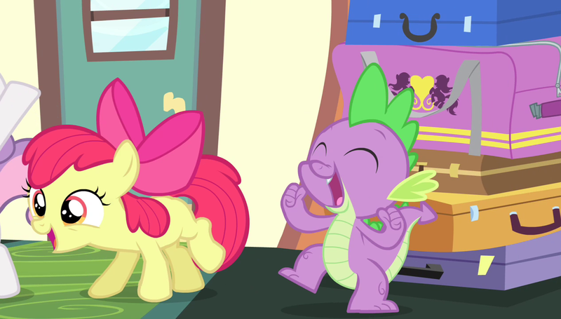 Size: 1266x720 | Tagged: apple bloom, apple bloom's bow, bow, derpibooru import, door, equestria games, equestria games (episode), friendship express, hair bow, safe, screencap, spike, suitcase, sweetie belle, train