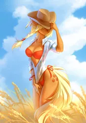 Size: 1260x1806 | Tagged: suggestive, artist:tomatocoup, derpibooru import, applejack, anthro, earth pony, adorasexy, applejack's hat, beautiful, beautisexy, bikini, bikini bottom, bikini top, body freckles, boob freckles, bracelet, braid, breasts, busty applejack, chest freckles, clothes, cloud, cowboy hat, cute, ear fluff, female, food, freckles, hair tie, hat, image, jackabetes, jewelry, open clothes, open shirt, outdoors, png, ponytail, pose, rolled up sleeves, sexy, shirt, smiling, solo, solo female, standing, stetson, string bikini, swimsuit, unbuttoned, wheat, windswept mane, windy