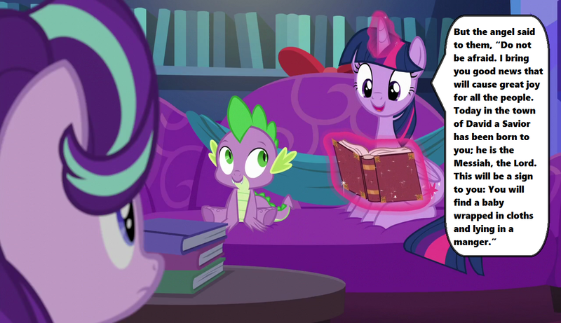 Size: 1280x738 | Tagged: a hearth's warming tail, alicorn, bible, book, couch, derpibooru import, edit, edited screencap, implied jesus, magic, magic aura, nativity, reading, safe, screencap, season 6, speech bubble, spike, starlight glimmer, text, twilight's castle, twilight sparkle, twilight sparkle (alicorn)