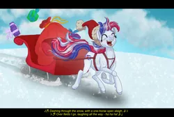 Size: 7000x4700 | Tagged: safe, artist:shaslan, derpibooru import, oc, oc:britannia (uk ponycon), unofficial characters only, earth pony, pony, absurd resolution, christmas, eyes closed, female, holiday, jingle bells, lyrics, mare, mascot, music notes, obtrusive watermark, singing, sleigh, snow, solo, song reference, text, uk ponycon, watermark