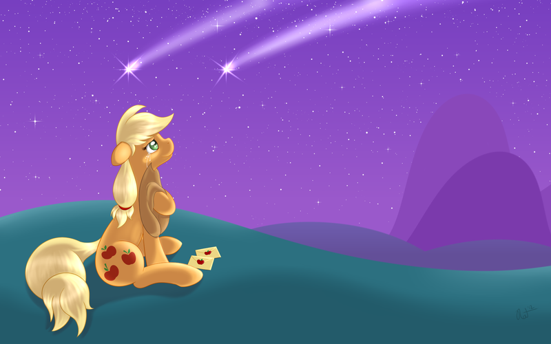 Size: 1920x1200 | Tagged: apple family reunion, applejack, applejack's parents, artist:ratofdrawn, crying, derpibooru import, night, safe, shooting stars, sitting, solo, wallpaper