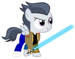 Size: 1001x794 | Tagged: safe, artist:frownfactory, artist:jawsandgumballfan24, derpibooru import, edit, rumble, pegasus, pony, clothes, colt, cosplay, costume, finn (star wars), jacket, lightsaber, male, pants, shoes, simple background, solo, star wars, star wars: the force awakens, the force, transparent background, vector, weapon, wings