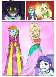 Size: 1600x2201 | Tagged: safe, artist:papyjr13, derpibooru import, applejack, rainbow dash, rarity, human, equestria girls, and then there's rarity, applejack also dresses in style, applejewel, clothes, dress, forced makeover, lost bet, makeover, rainbow dash always dresses in style, tomboy taming