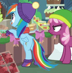 Size: 743x753 | Tagged: safe, derpibooru import, screencap, cheerilee, granny smith, rainbow dash, earth pony, pegasus, pony, best gift ever, hearth's warming shorts, triple pony dare ya, :q, animated, annoyed, apple, behaving like a dog, boots, butt, cheerilee is unamused, clothes, cropped, cute, daaaaaaaaaaaw, dashabetes, duo, eyeroll, eyes on the prize, female, food, frown, glare, hat, licking, licking lips, looking at something, mare, no sound, plot, scarf, shoes, smiling, standing, stomping, swishy tail, tail wag, tail whip, tongue out, unamused, webm