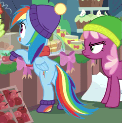 Size: 743x753 | Tagged: safe, derpibooru import, screencap, cheerilee, granny smith, rainbow dash, earth pony, pegasus, pony, best gift ever, hearth's warming shorts, triple pony dare ya, :q, animated, annoyed, apple, behaving like a dog, bipedal, bipedal leaning, boots, butt, cheerilee is unamused, clothes, cropped, cute, daaaaaaaaaaaw, dashabetes, duo, eyeroll, eyes on the prize, female, food, frown, gif, glare, hat, leaning, licking, licking lips, looking at something, mare, plot, scarf, shoes, smiling, standing, stomping, swishy tail, tail wag, tail whip, tongue out, unamused